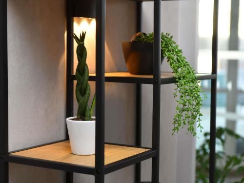 a black shelf with two potted plants on it at ibis Chateauroux in Châteauroux