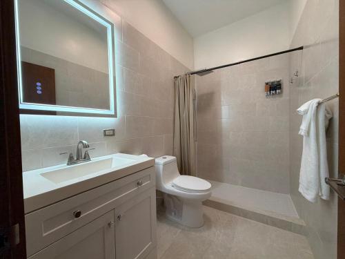 a bathroom with a sink and a toilet and a shower at MayaVilla in Long Swamp