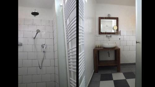 a bathroom with a shower and a sink at U Židovské brány in Třebíč