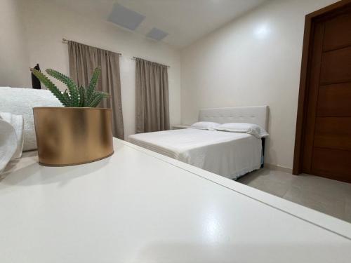 a room with two beds and a potted plant at MayaVilla in Long Swamp