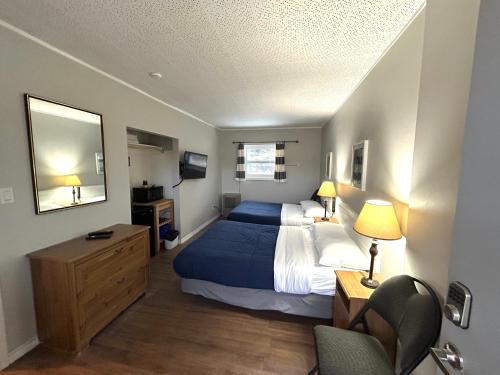 a bedroom with a bed and a desk and a mirror at Mountain View Motel in Barrys Bay