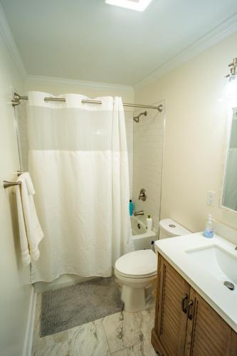 a bathroom with a toilet and a shower and a sink at Renovated 2 Bed Walltown Home Walk to Duke! B in Durham