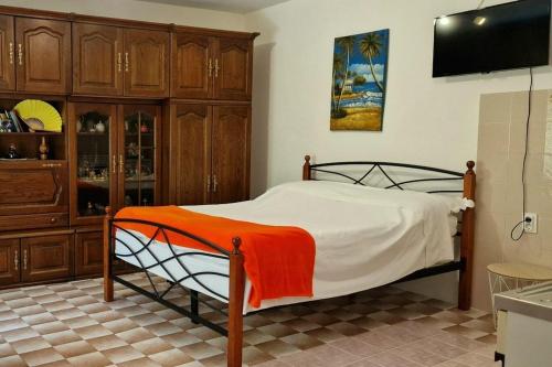 a bedroom with a bed with an orange blanket on it at Apartments with parking space Vis - 2436 in Vis