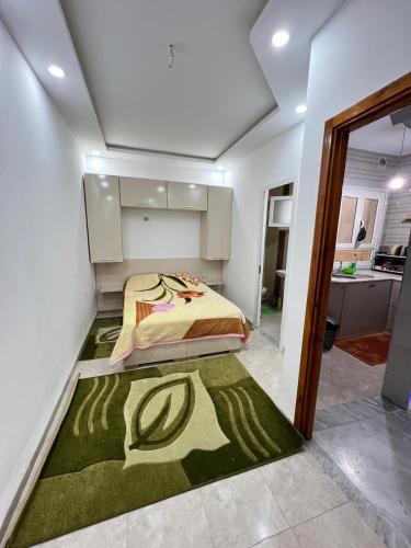 a bedroom with a bed and a green rug at Great duplex in Monastir in Monastir