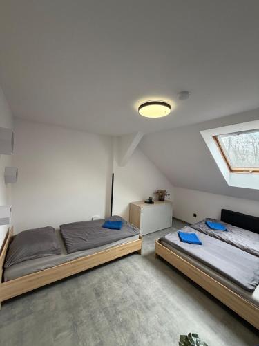 a bedroom with two beds and a window at Teplice Apartments 2 in Teplice
