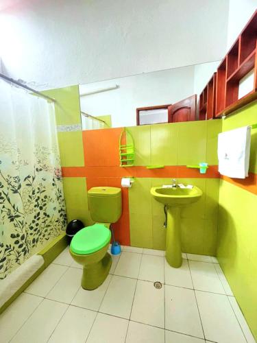 a bathroom with a green toilet and a sink at Casa Galarous Island in Puerto Ayora