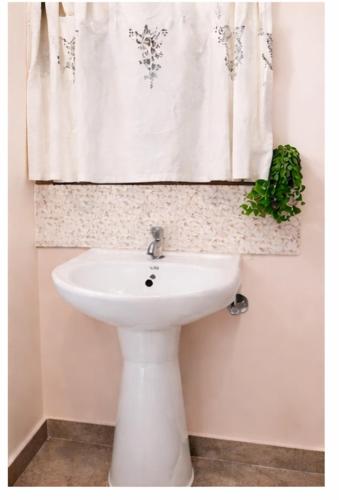 a white sink in a bathroom with a shower curtain at Romana mansion in Calangute