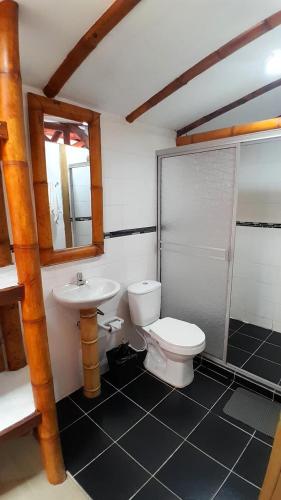 a bathroom with a toilet and a sink at Apto/cabaña naranja in Ulloa