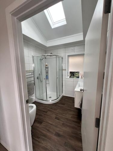 a bathroom with a shower and a toilet and a sink at Studio 35 Kerikeri in Kerikeri