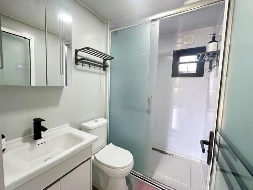 a bathroom with a toilet and a sink and a shower at Alpaca Haven Farm in Rotorua