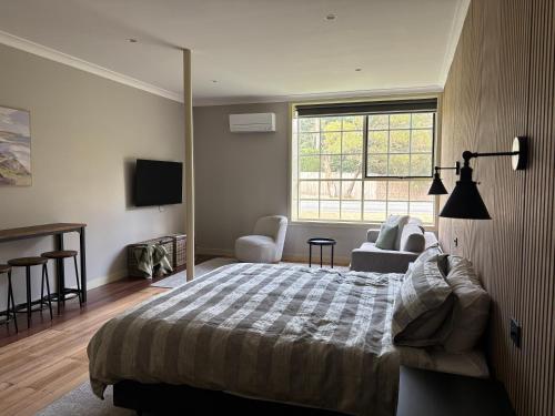 a bedroom with a bed and a couch and a television at Gala 1 - The Old Coolstore in Merricks North