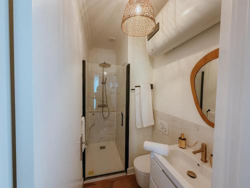 a bathroom with a shower and a toilet and a sink at Sol e Rio in Setúbal