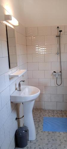 ein weißes Badezimmer mit Waschbecken und Dusche in der Unterkunft Villa Maheh in Kribi
