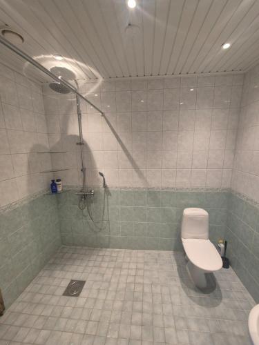 a bathroom with a shower and a toilet in it at kelankaari in Kankaanpää