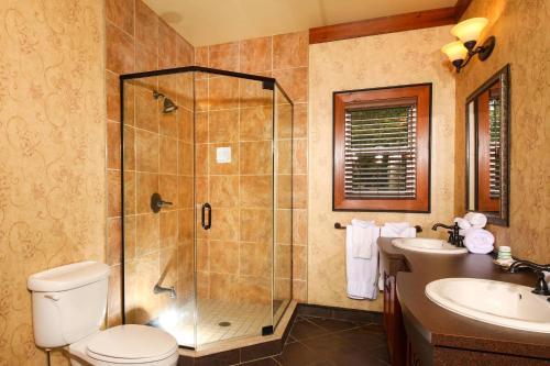 a bathroom with a shower and a toilet and a sink at Bayview Wildwood Resort, an Ascend Collection Resort in Severn