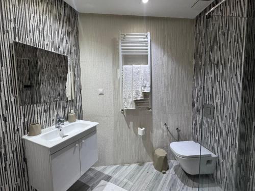 a bathroom with a sink and a toilet at La perle bleue in La Goulette