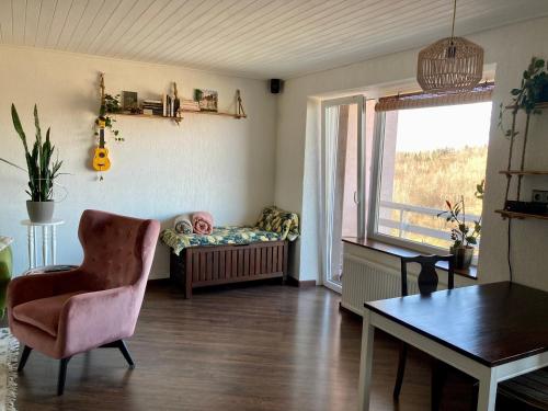 ein Wohnzimmer mit Sofa, Sessel und Fenster in der Unterkunft OM West in Aizpute
