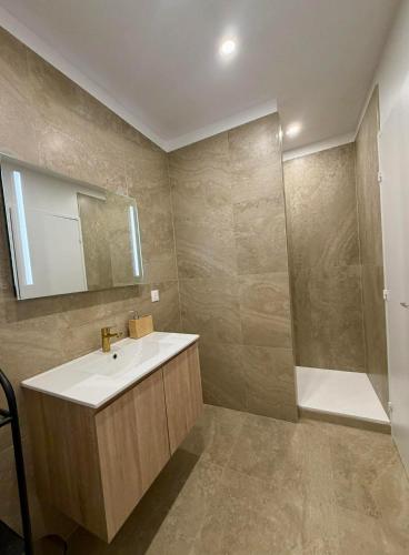 a bathroom with a sink and a mirror and a shower at AVENUE DE CHAMPAGNE in Épernay