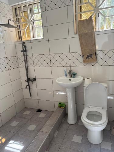 a bathroom with a toilet and a sink at Rainbow Palace Apartment in Sekondi-Takoradi
