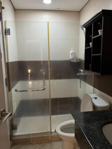 a bathroom with a shower and a toilet at One bedroom at Crosswinds in Ulot