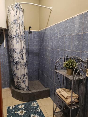 eine blau geflieste Dusche mit Duschvorhang in einem Badezimmer in der Unterkunft Hotel Ludza in Ludza