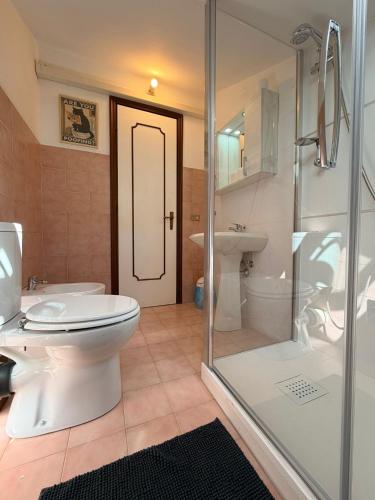 a bathroom with a toilet and a glass shower at Appartamento il Punto Alto in Baveno