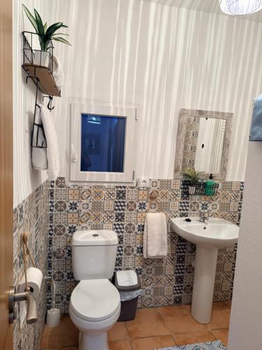 a bathroom with a toilet and a sink at Cortijo Loma del Estanque in Monachil