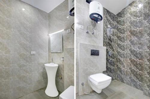 two pictures of a bathroom with a toilet and a shower at Royal Ocean COTTAGE in Manāli