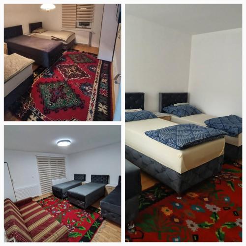two pictures of a bedroom with two beds and a rug at Mujagin Han in Srebrenica