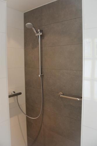 a shower with a shower head in a bathroom at Stadshotel centrum Deventer, 2 appartementen in Deventer