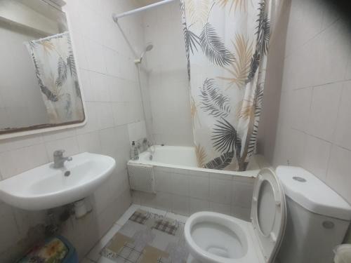 a bathroom with a toilet and a sink and a shower curtain at Ahmed house in Agadir
