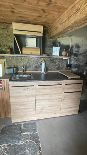a kitchen with wooden cabinets and a sink at Stöckli Gantrisch-Blick in Rüeggisberg