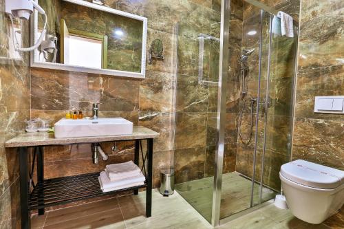 a bathroom with a shower and a sink and a toilet at Sutomore Akapulco Hotel in Sutomore