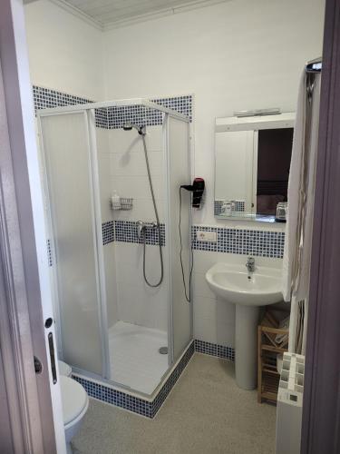 a bathroom with a shower and a sink at Pension Casa Simon in Treacastela