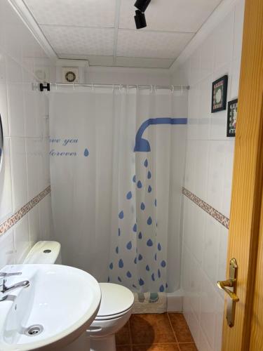 a bathroom with a toilet and a shower curtain at Casa Fuenteblanca in Liétor