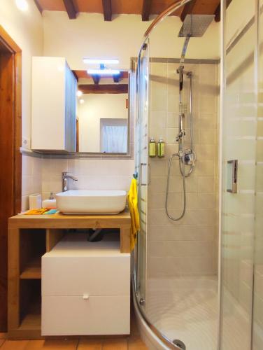 a bathroom with a sink and a shower at Le Torri 3 San Gimignano in San Gimignano