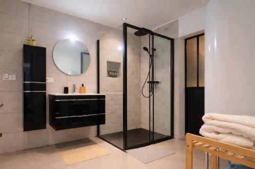 a bathroom with a shower with a sink and a mirror at L'Atelier de l'Émeraude in Saverne