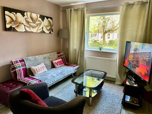 a living room with a couch and a tv at NKN cosy maisonette close to Dartford train station, free parking, food, shopping in Kent