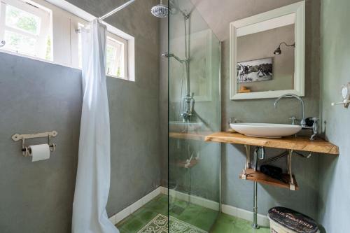 a bathroom with a sink and a glass shower at Bungalow de Mees in Schoonloo