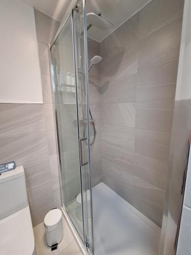 a shower stall in a bathroom with a toilet at Woodpeckers Annexe in Gosfield in Gosfield