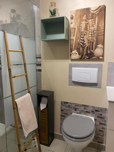 a bathroom with a toilet and a painting on the wall at Séverine chambres d’hôtes in Floing