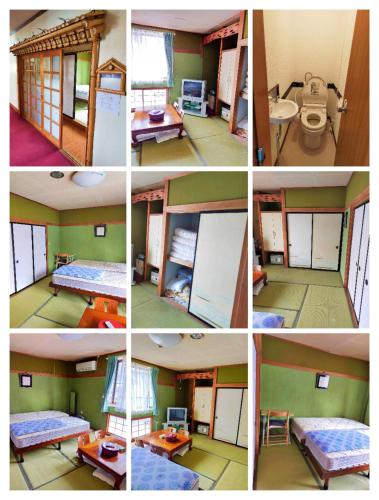 a collage of four pictures of a room at Suijinhotel in Tochiya