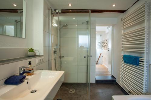 a bathroom with a sink and a glass shower at Ferienhaus Carpe diem in Bodman-Ludwigshafen