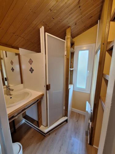 a small bathroom with a sink and a toilet at Camping des Papillons in Lalizolle