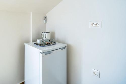 a kitchen with a coffee maker on top of a refrigerator at Villa Mirena in Kožino