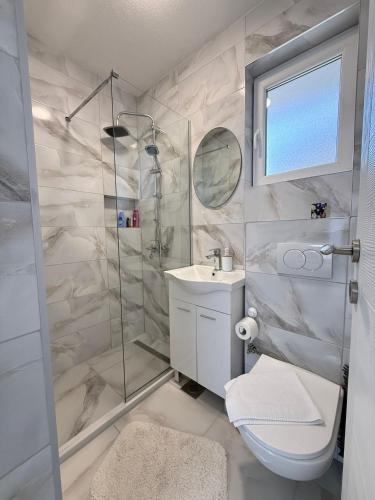 a bathroom with a shower and a toilet and a sink at EFESA Apartments in Visoko