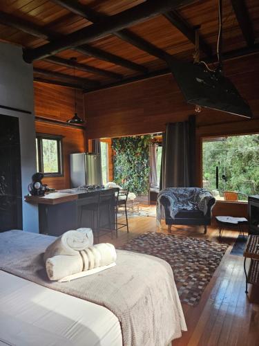 a bedroom with a bed and a kitchen and a living room at Sentiero Cabanas Boutique in Urubici