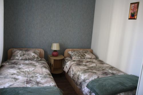 a room with two beds and a table with a lamp at Berzlejas 3 in Upesgrīva