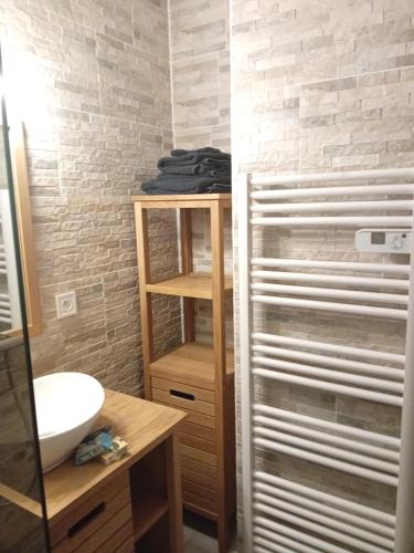a bathroom with a sink and a shower at Le Bredele in Riquewihr
