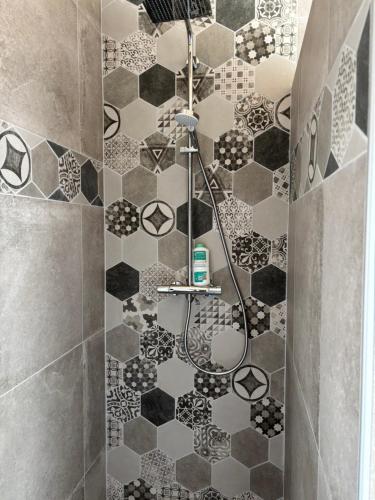a bathroom with a shower with black and white tiles at Maison chez Louis in Asuel